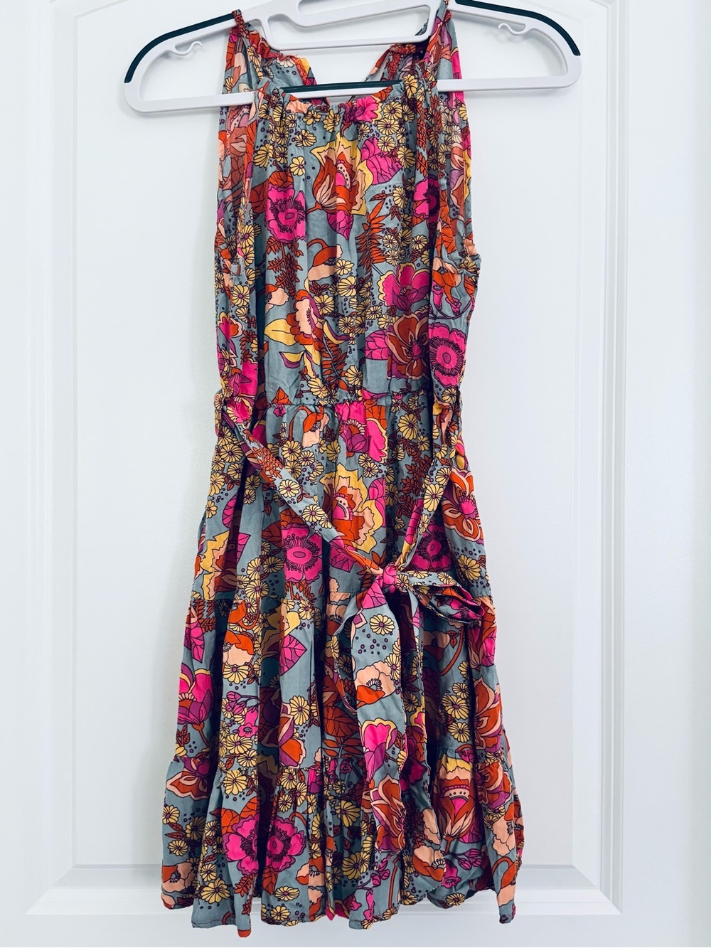 SHEIN Pink & Orange Floral Tie-Waist Mini Dress